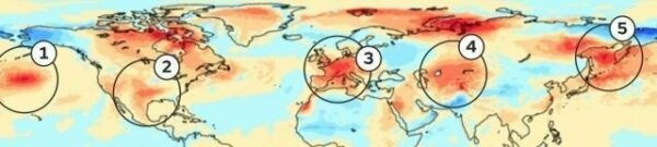 Surface temperature anomalies for the week commencing 18 July 2022. UK Met Office