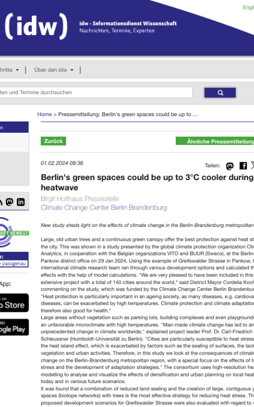 Berlin's green spaces could be up to 3°C cooler during a heatwave