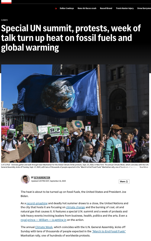 Special UN summit, protests, week of talk turn up heat on fossil fuels and global warming