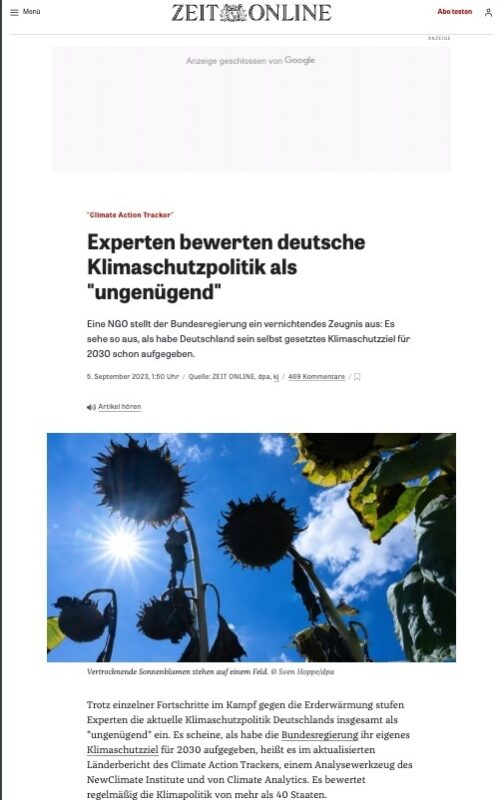 Experten bewerten deutsche Klimaschutzpolitik als "ungenügend"