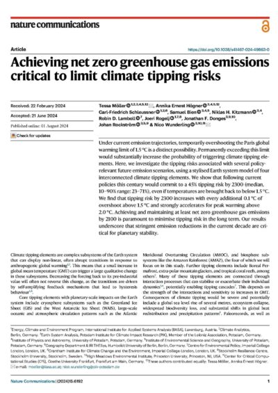 Achieving net zero greenhouse gas emissions critical to limit climate tipping risks