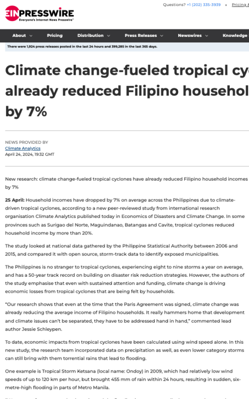 Climate change-fueled tropical cyclones have already reduced Filipino household incomes by 7%