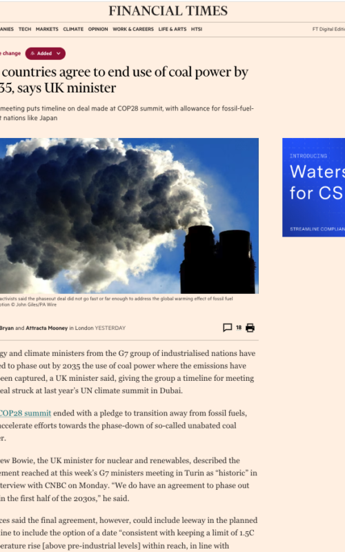 G7 countries agree to end use of coal power by 2035, says UK minister