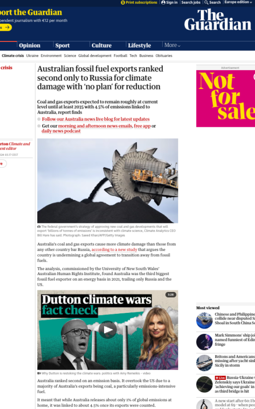 Australian fossil fuel exports ranked second only to Russia for climate damage with ‘no plan’ for reduction