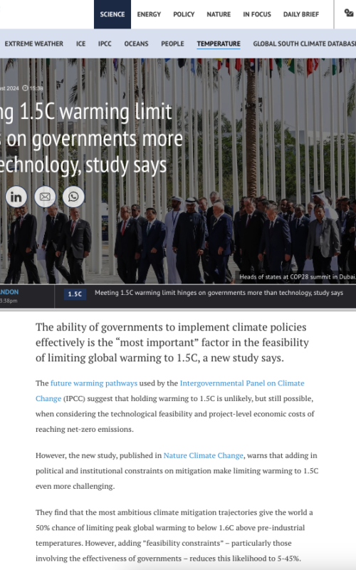 Meeting 1.5C warming limit hinges on governments more than technology, study says