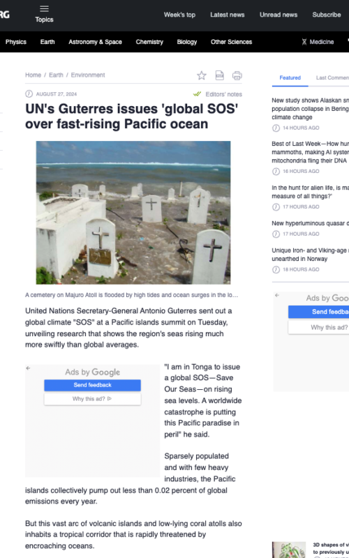 UN's Guterres issues 'global SOS' over fast-rising Pacific ocean