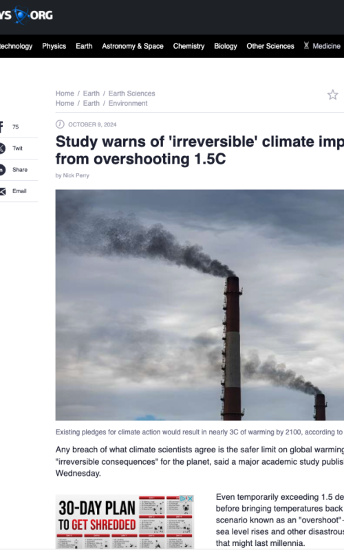 Study warns of 'irreversible' climate impacts from overshooting 1.5C