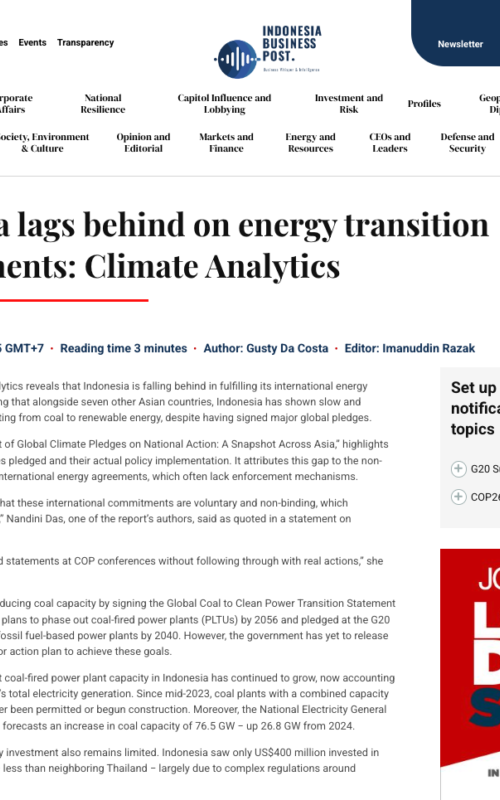 Indonesia lags behind on energy transition commitments