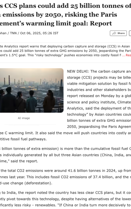 Asia’s CCS plans could add 25 billion tonnes of extra emissions by 2050, risking the Paris Agreement’s warming limit