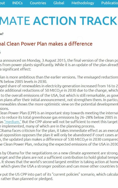 Climate Action Tracker: Obama’s final Clean Power Plan makes a difference