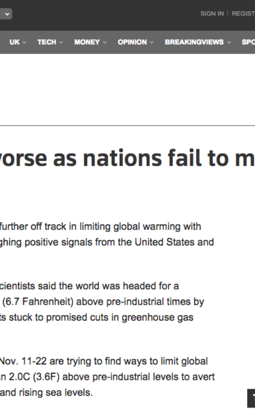 Warming seen worse as nations fail to meet carbon goals