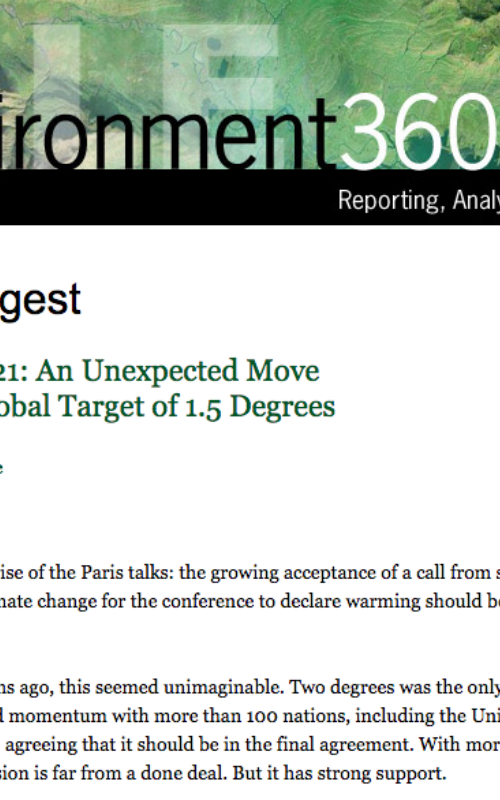 Paris COP21: An Unexpected Move Toward Global Target of 1.5 Degrees