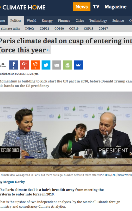 Paris climate deal on cusp of entering into force this year