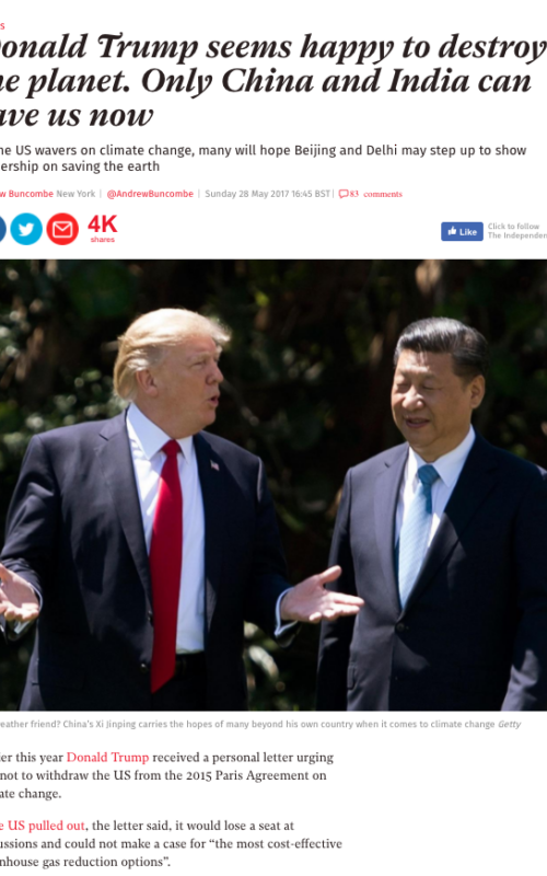 Donald Trump seems happy to destroy the planet. Only China and India can save us now