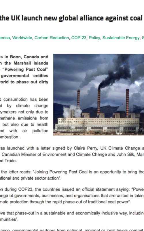 Canada and the UK launch new global alliance against coal during COP23