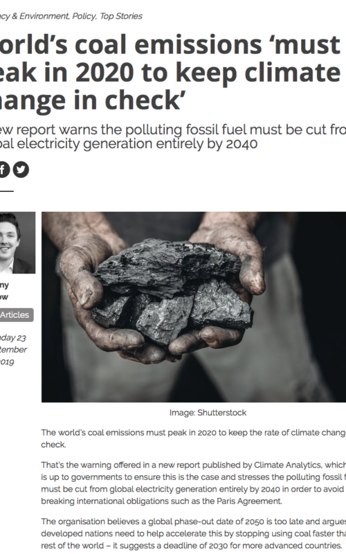 World’s coal emissions ‘must peak in 2020 to keep climate change in check’