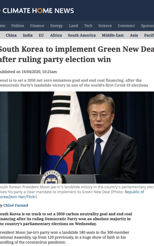 South Korea to implement Green New Deal after ruling party election win