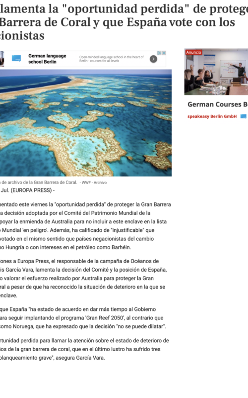 WWF regrets the "lost opportunity" to protect the Great Barrier Reef and that Spain votes with the deniers