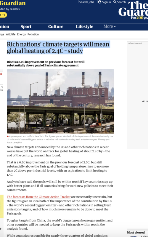 Rich nations’ climate targets will mean global heating of 2.4C – study