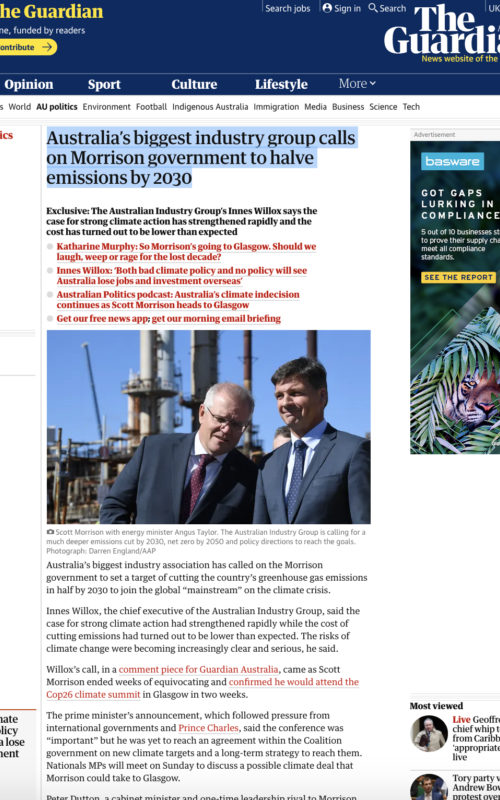 Australia’s biggest industry group calls on Morrison government to halve emissions by 2030