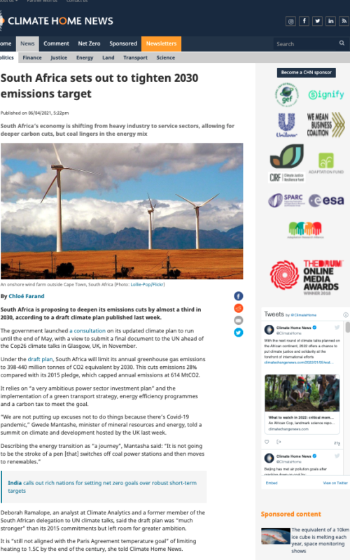 South Africa sets out to tighten 2030 emissions target