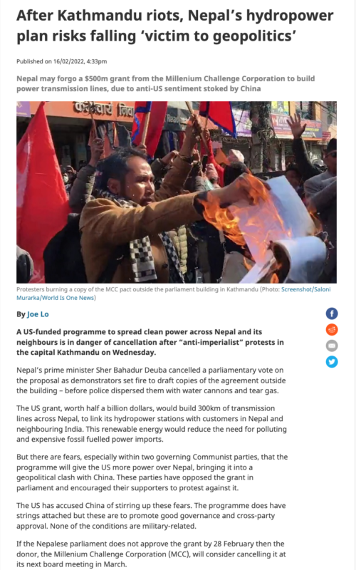 After Kathmandu riots, Nepal’s hydropower plan risks falling ‘victim to geopolitics’