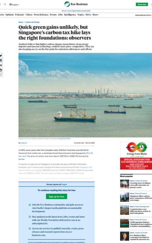 Quick green gains unlikely, but Singapore’s carbon tax hike lays the right foundations: observers