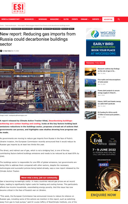 Reducing gas imports from Russia could decarbonise buildings sector