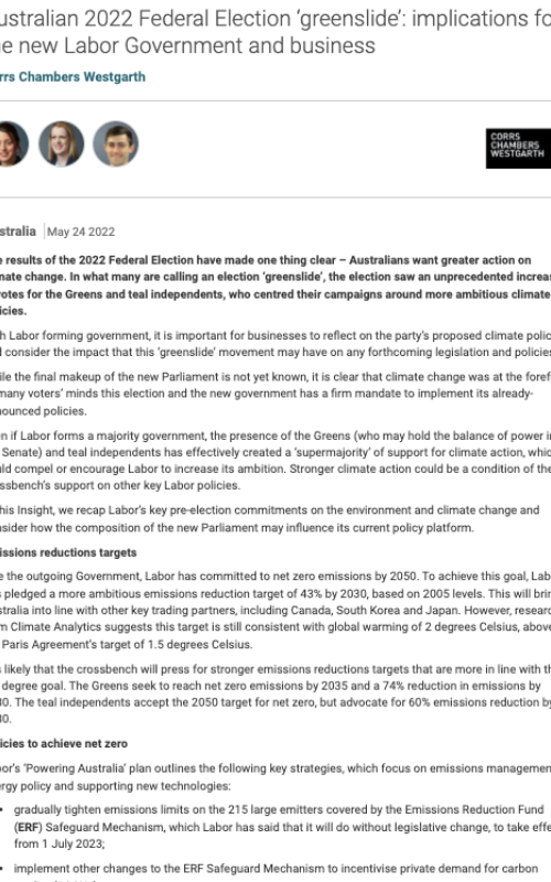 Australian 2022 Federal Election ‘greenslide’: implications for the new Labor Government and business