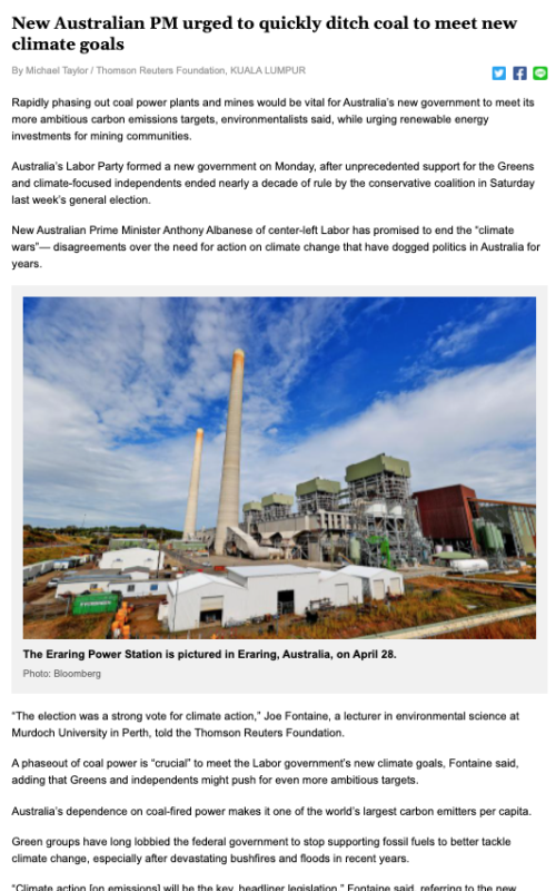 New Australian PM urged to quickly ditch coal to meet new climate goals
