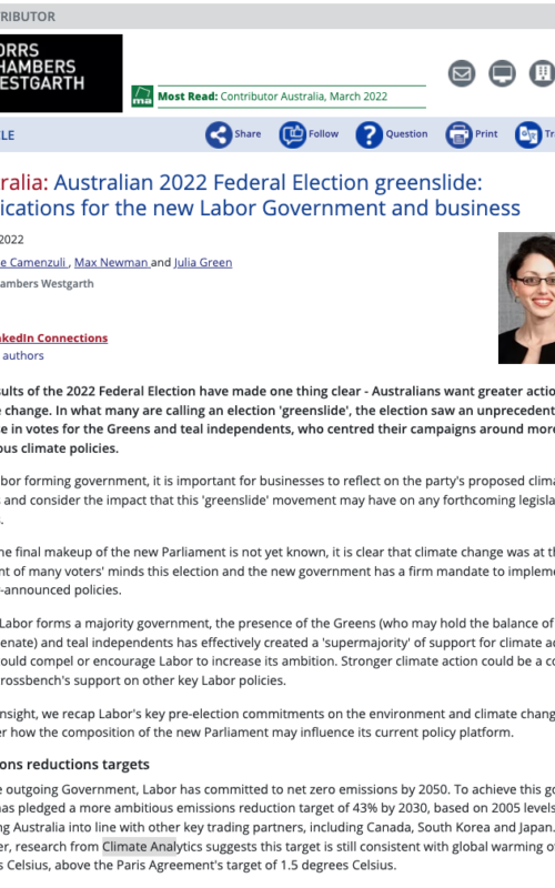 Australian 2022 Federal Election greenslide: implications for the new Labor Government and business