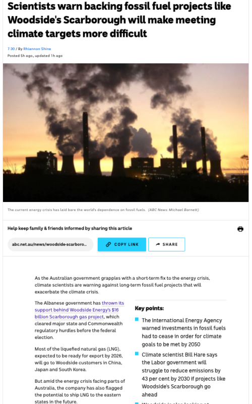 Scientists warn backing fossil fuel projects like Woodside's Scarborough will make meeting climate targets more difficult