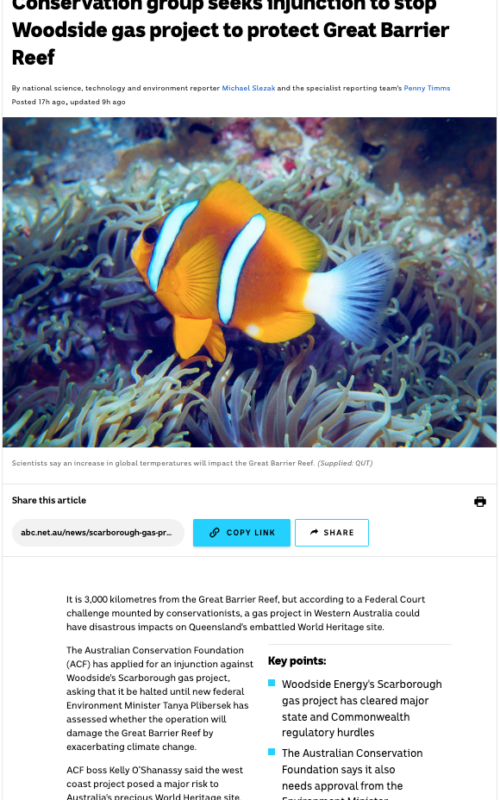 Conservation group seeks injunction to stop Woodside gas project to protect Great Barrier Reef