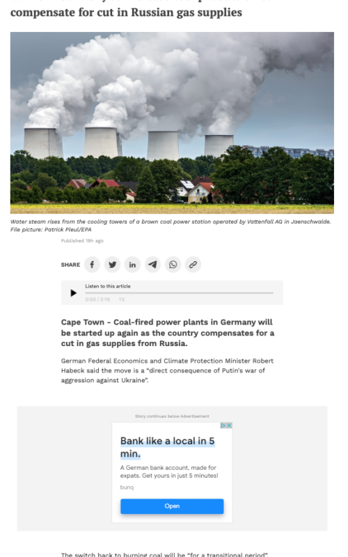 Germany to increase coal production to compensate for cut in Russian gas supplies