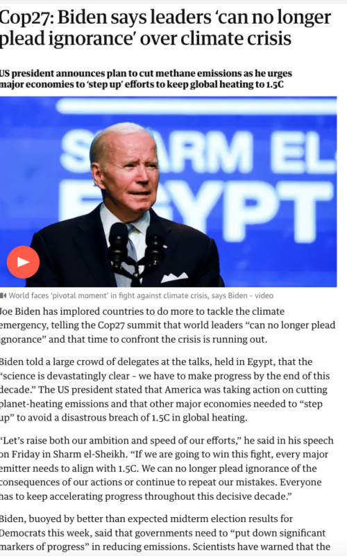 Cop27: Biden says leaders ‘can no longer plead ignorance’ over climate crisis