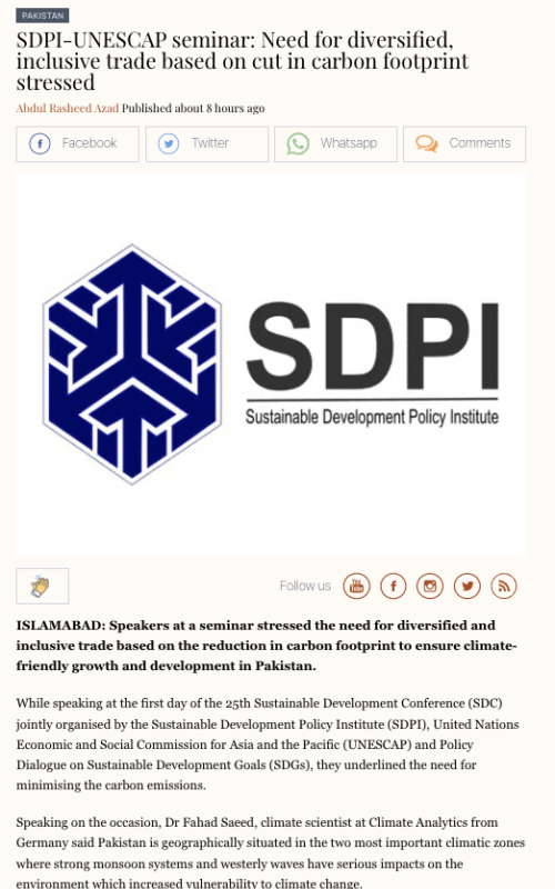 SDPI-UNESCAP seminar: Need for diversified, inclusive trade based on cut in carbon footprint stressed