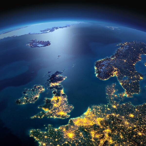 Exaggerated Relief Map of Northwestern Europe at night