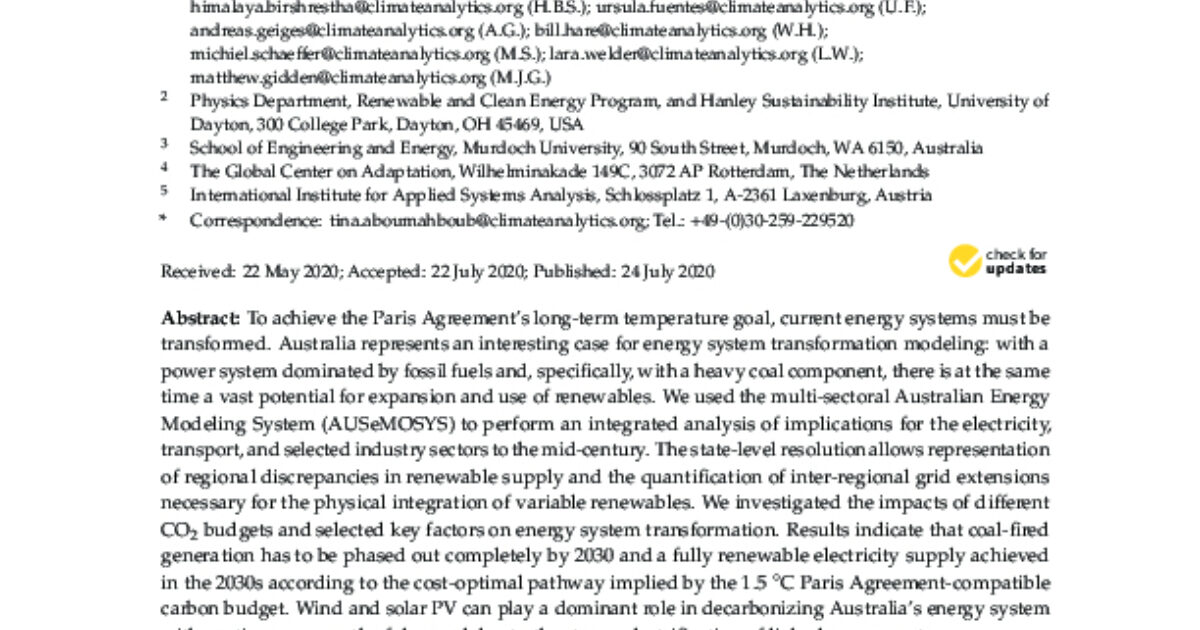 Climate Analytics | Decarbonisation of Australia’s energy system:…