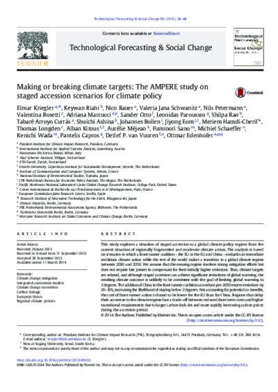 Making or breaking climate targets: the AMPERE study on staged accession scenarios for climate policy