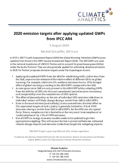 2020 emission targets after applying updated GWPs from IPCC AR4