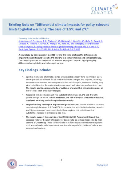 Briefing note on the assessment “Differential climate impacts for policy-relevant limits to global warming: the case of 1.5°C and 2°C”