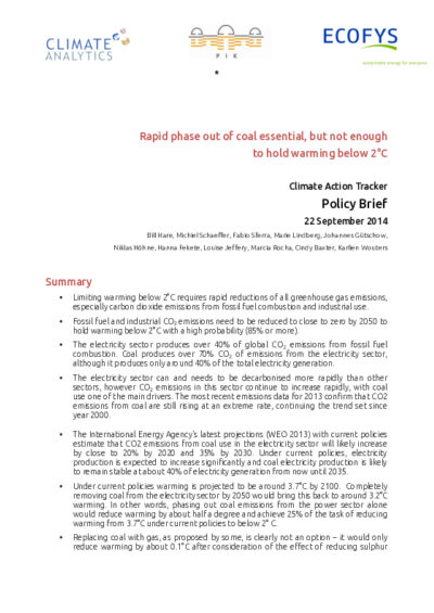 Coal's rapid phase-out essential, not enough to stay below 2°C warming