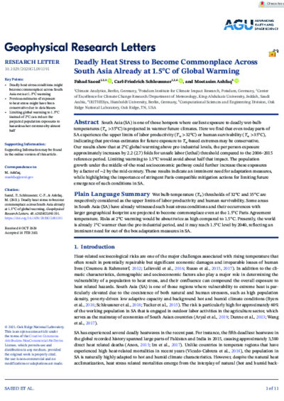 Deadly Heat Stress to Become Commonplace Across South Asia Already at 1.5°C of Global Warming