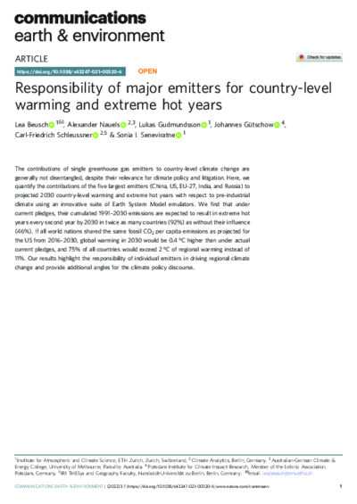 Responsibility of major emitters for country-level warming and extreme hot years