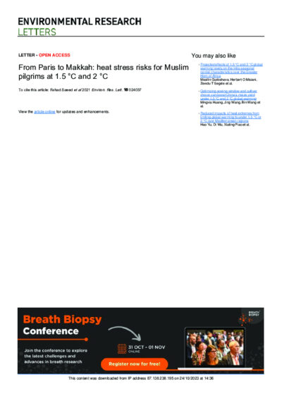 From Paris To Makkah: Heat stress risks for Muslim pilgrims at 1.5°C and 2°C