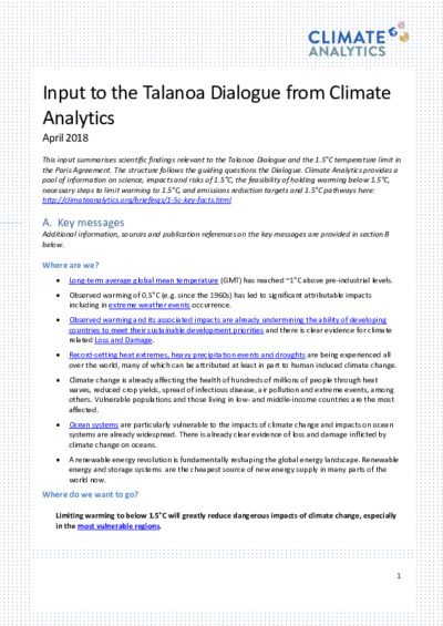 Input to the Talanoa Dialogue from Climate Analytics