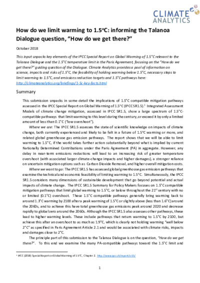 How do we limit warming to 1.5°C: informing the Talanoa Dialogue question, “How do we get there?”