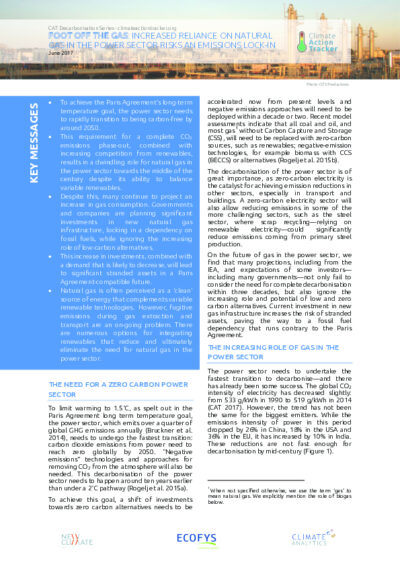 Foot off the gas: increased reliance on natural gas in the power sector risks an emissions lock-in