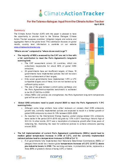 For the Talanoa Dialogue: Input from the Climate Action Tracker