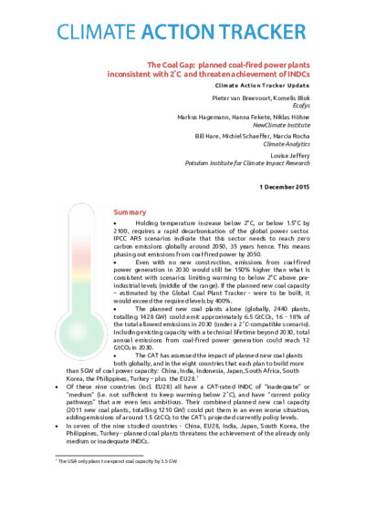 The Coal Gap: planned coal-fired power plants inconsistent with 2˚C and threaten achievement of INDCs